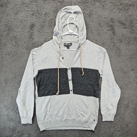 Volcom Undertone Sweater Mens Large Gray Black Button Front Knit Hoodie‎ - Picture 1 of 8
